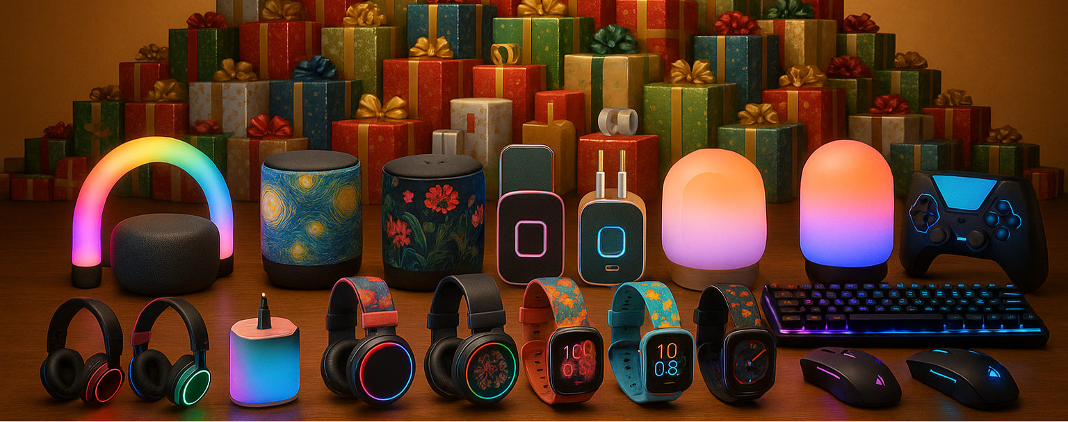 show a huge line up of decorative electronic items, the background must be gift boxes racked up like a mountain